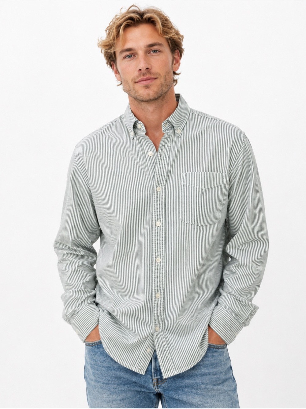 🇨🇦 Frank And Oak Jasper Men’s Cotton Green Stripe Button Up Classic Fit Medium